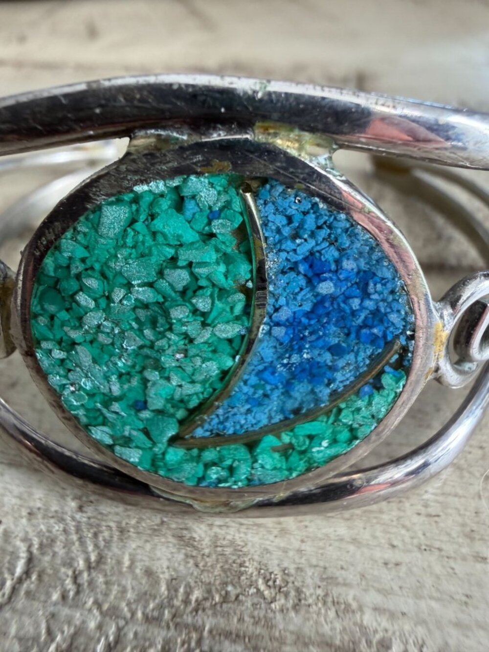 Vintage Alpaca Silver Turquoise & Lapis Inlay Adjustable Cuff Bracelet 6" Signed - Picture 2 of 6
